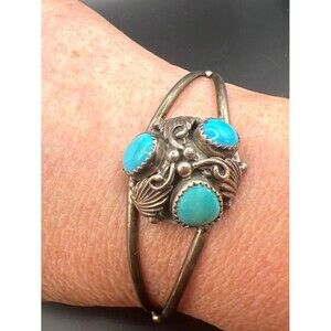 Handmade Sterling Silver Turquoise Cuff Bracelet – Signed JR